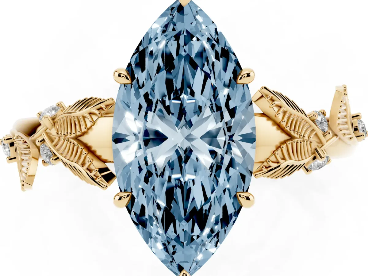 Fancy Blue Marquise Cut Diamond Solitaire Ring with Leaf Motif Band and Four-Prong Setting Yellow gold