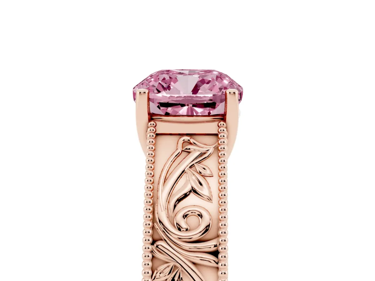 Fancy Pink Cushion Cut Diamond Solitaire Ring with Engraved Band and Four-Prong Setting Rose gold