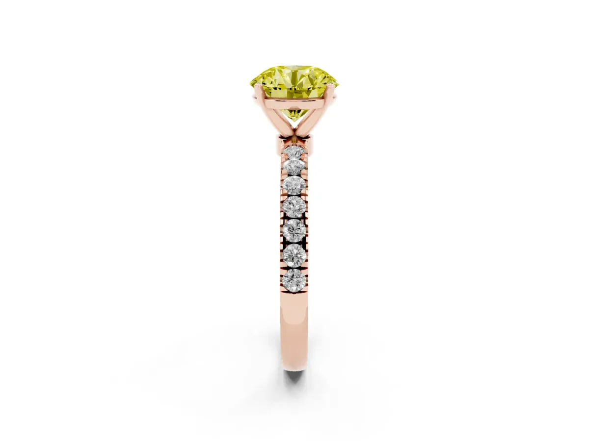Fancy Yellow Round Cut Diamond Solitaire Ring with Pavé Accents and Four-Prong Setting Rose gold