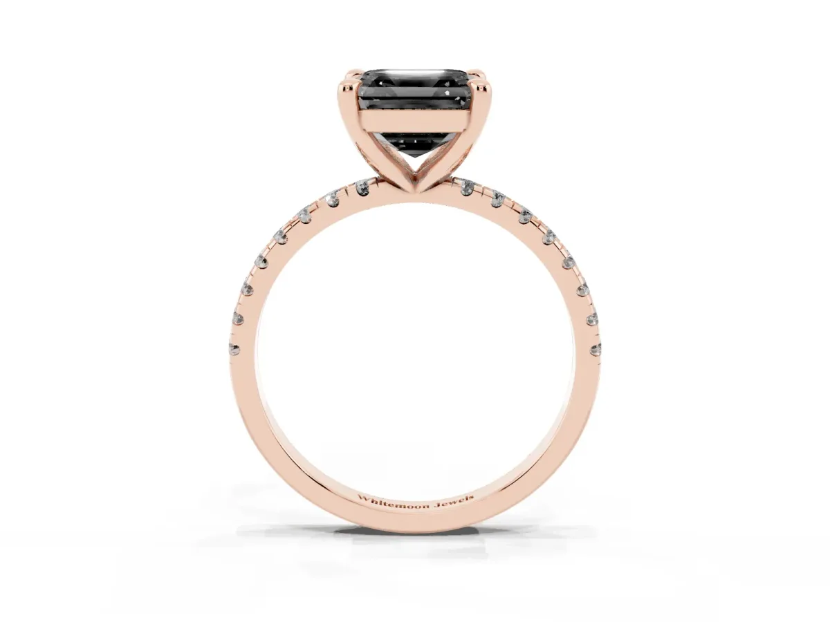 Fancy Black Asscher Cut Diamond Brilliant Solitaire Ring with Pavé Band and Four-Prong Setting Rose gold