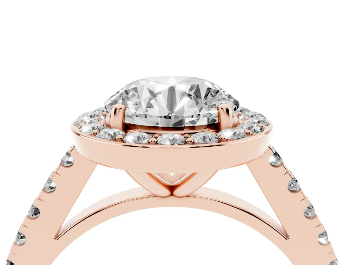 Round Cut Diamond Halo Ring with Round Pavé Split Shank and Prong Setting Rose gold