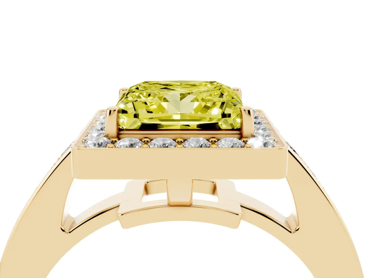 Fancy Yellow Princess Cut Halo Pavé Diamond Engagement Ring with Bezel Setting Yellow gold