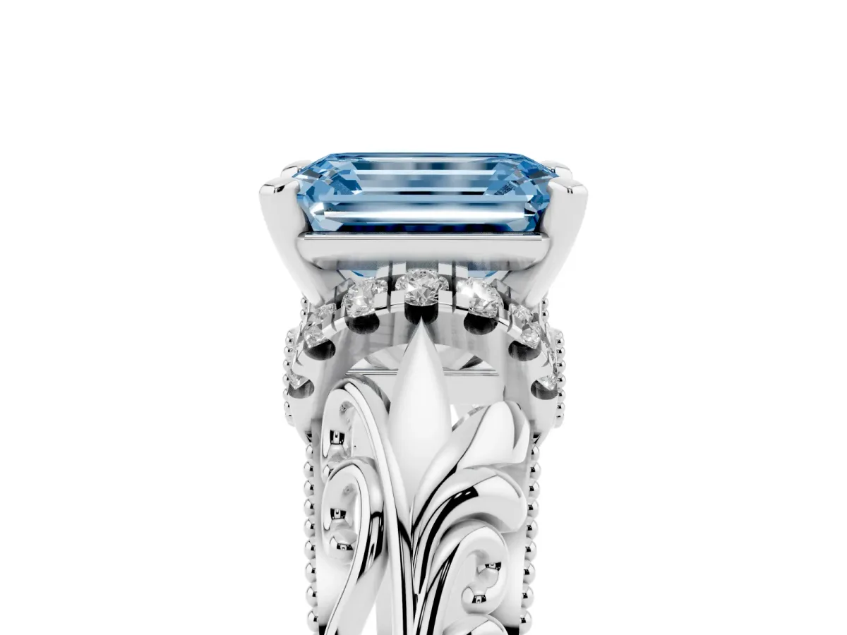Fancy Blue Emerald Cut Solitaire Filigree Engagement Ring with Halo and Prong Setting White gold