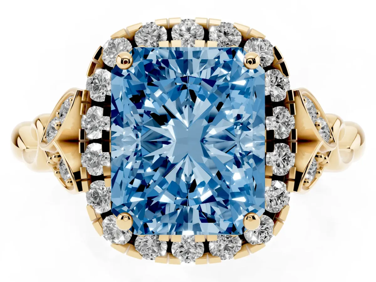 Fancy Blue Radiant Cut Halo Diamond Engagement Ring with Vintage-Inspired Band and Four-Prong Setting Yellow gold