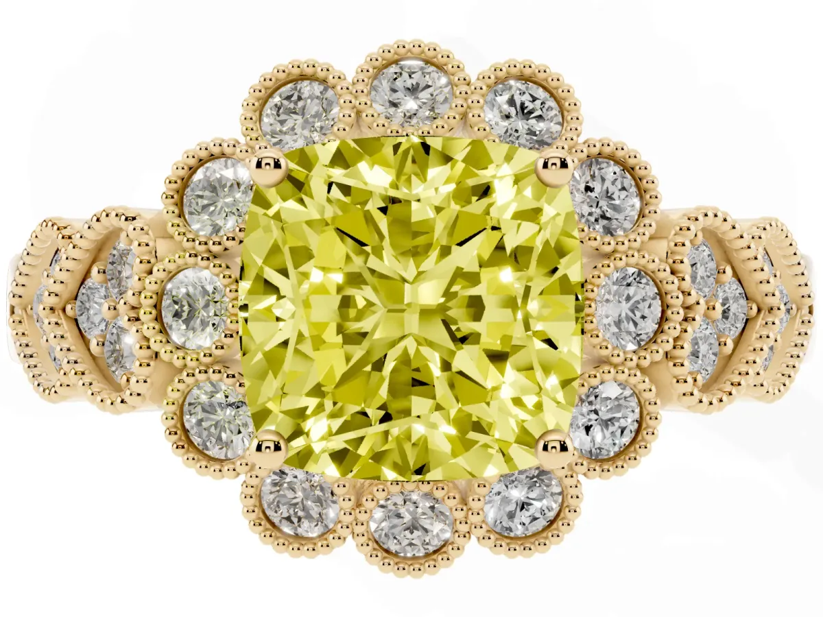 Fancy Yellow Cushion Cut Brilliant Milgrain Pave Heart Band Solitaire Ring Yellow gold