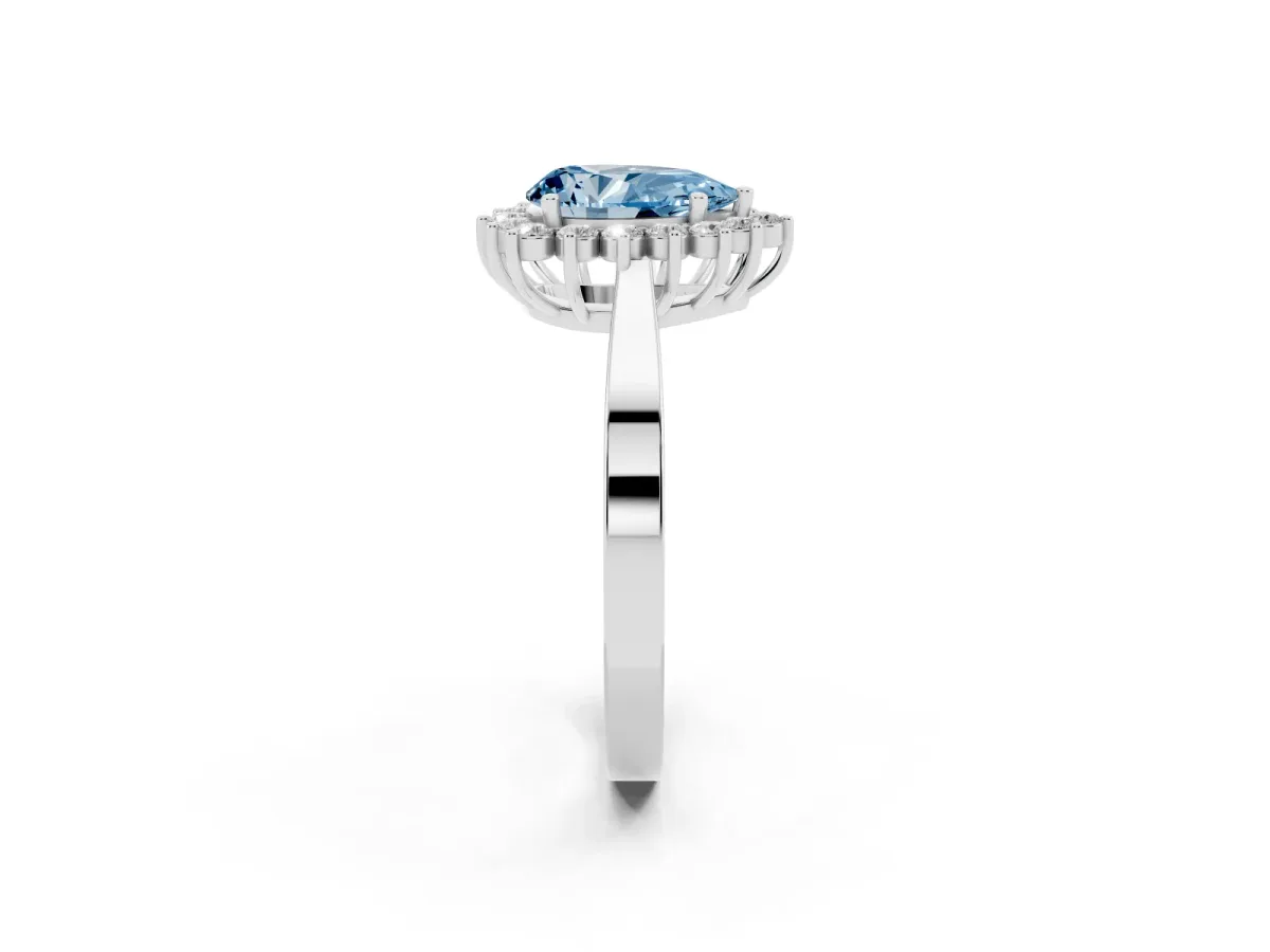 Fancy Blue Pear Cut Cut Diamond Halo Ring with Round Brilliant Halo and Solitaire Band Platinum