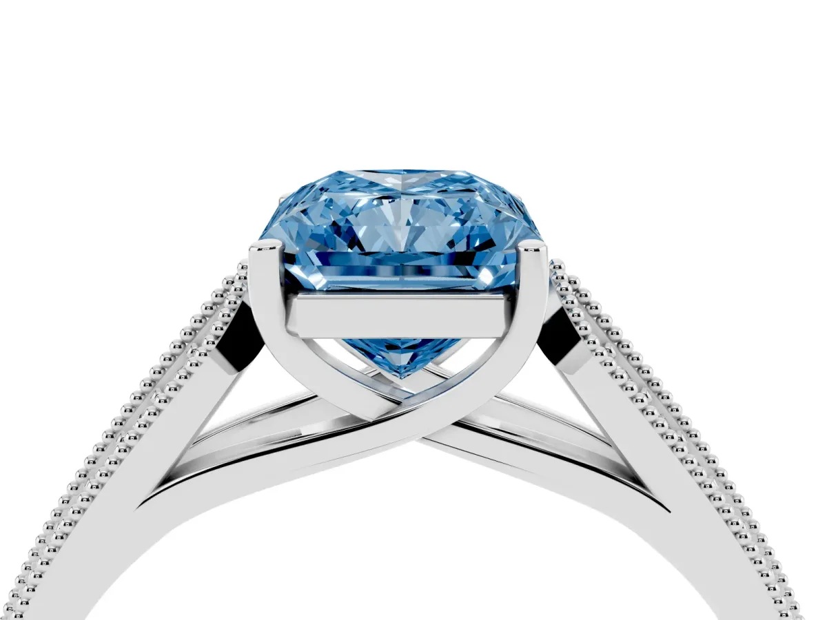 Fancy Blue Radiant Cut Cut Pave Split Shank Engagement Ring with Four-Prong Setting White gold