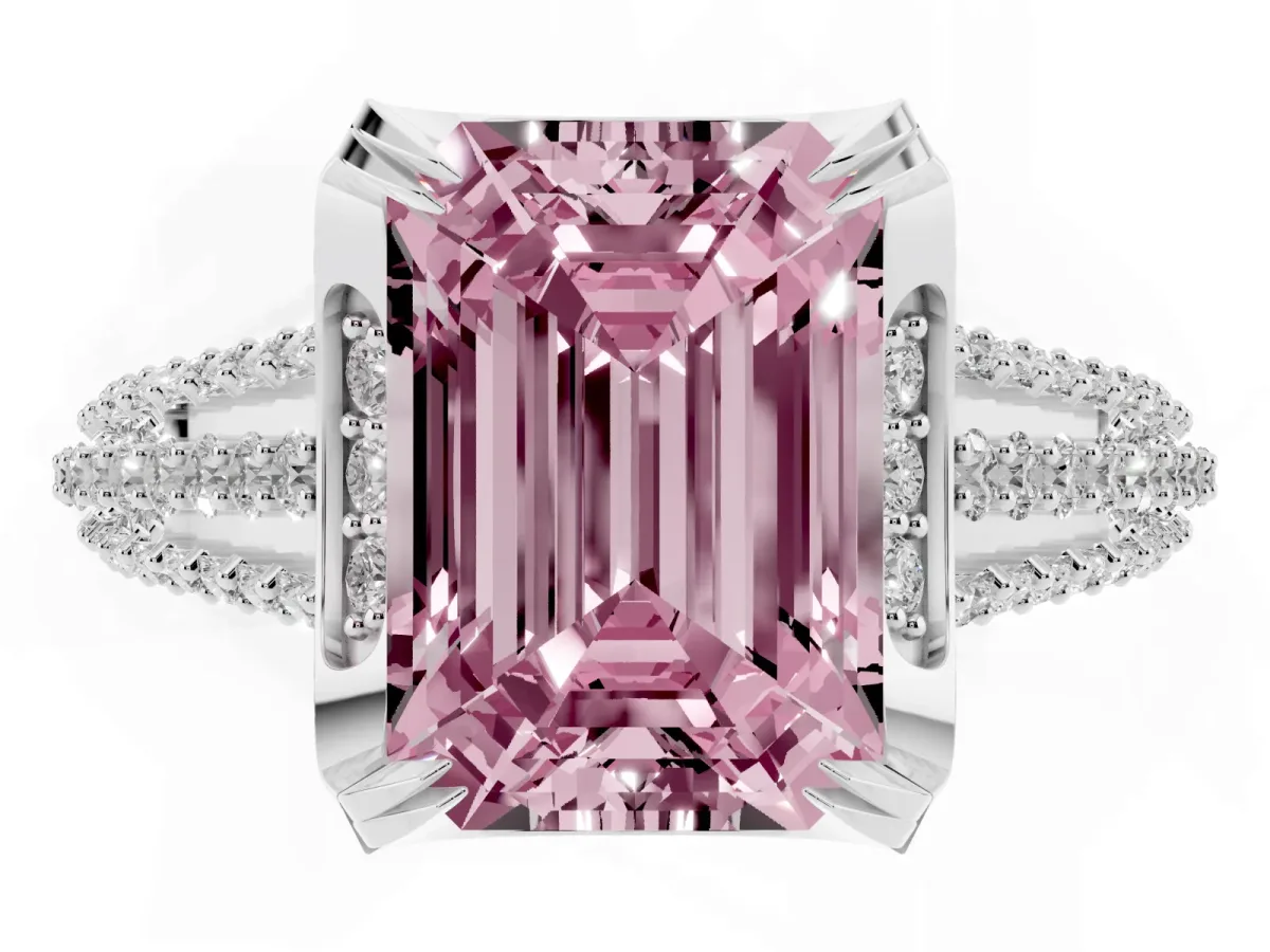 Fancy Pink Emerald Cut Solitaire Pave Split Shank Ring with Four-Prong Setting Silver