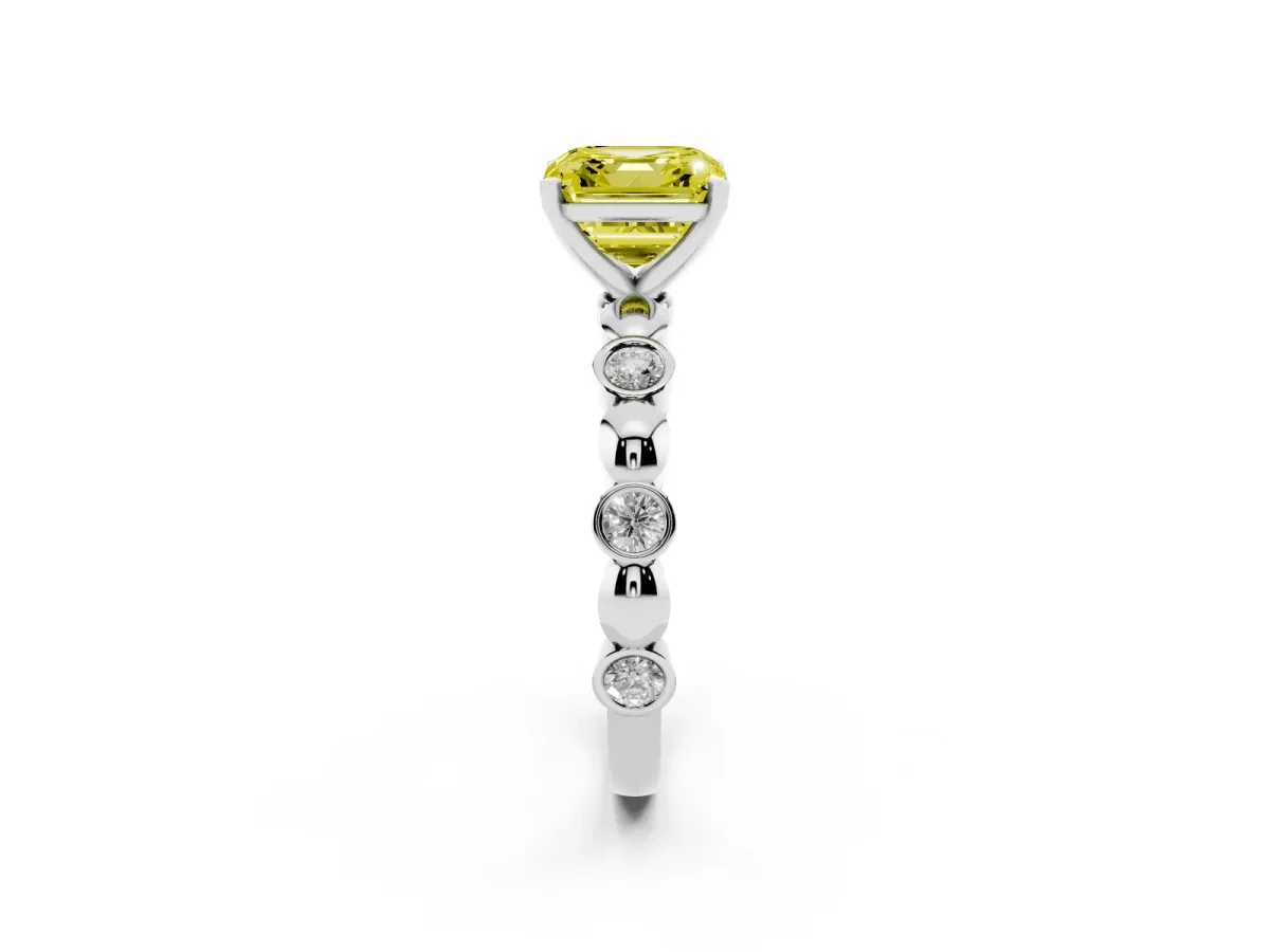 Fancy Yellow Asscher Cut Solitaire Bezel-Set Diamond Ring with Beaded Band and Four-Prong Setting Silver