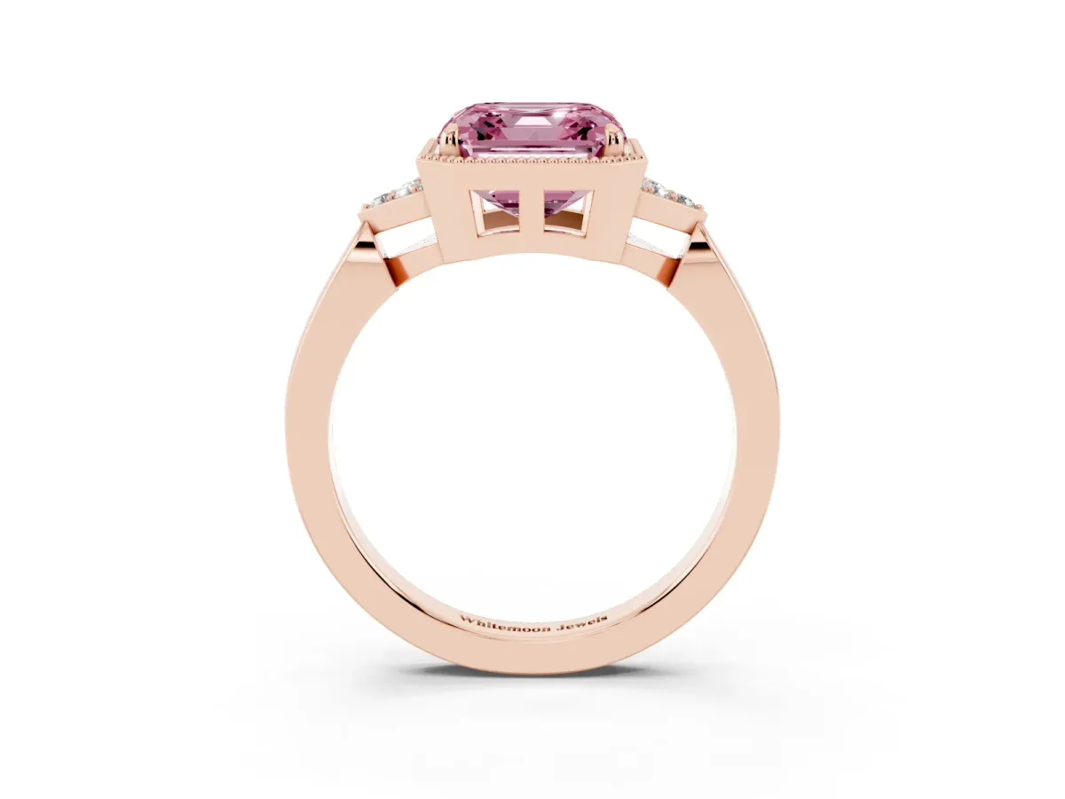 Fancy Pink Hexagonal Halo Asscher Cut Diamond Solitaire with Pavé Band and Four-Prong Setting Rose gold