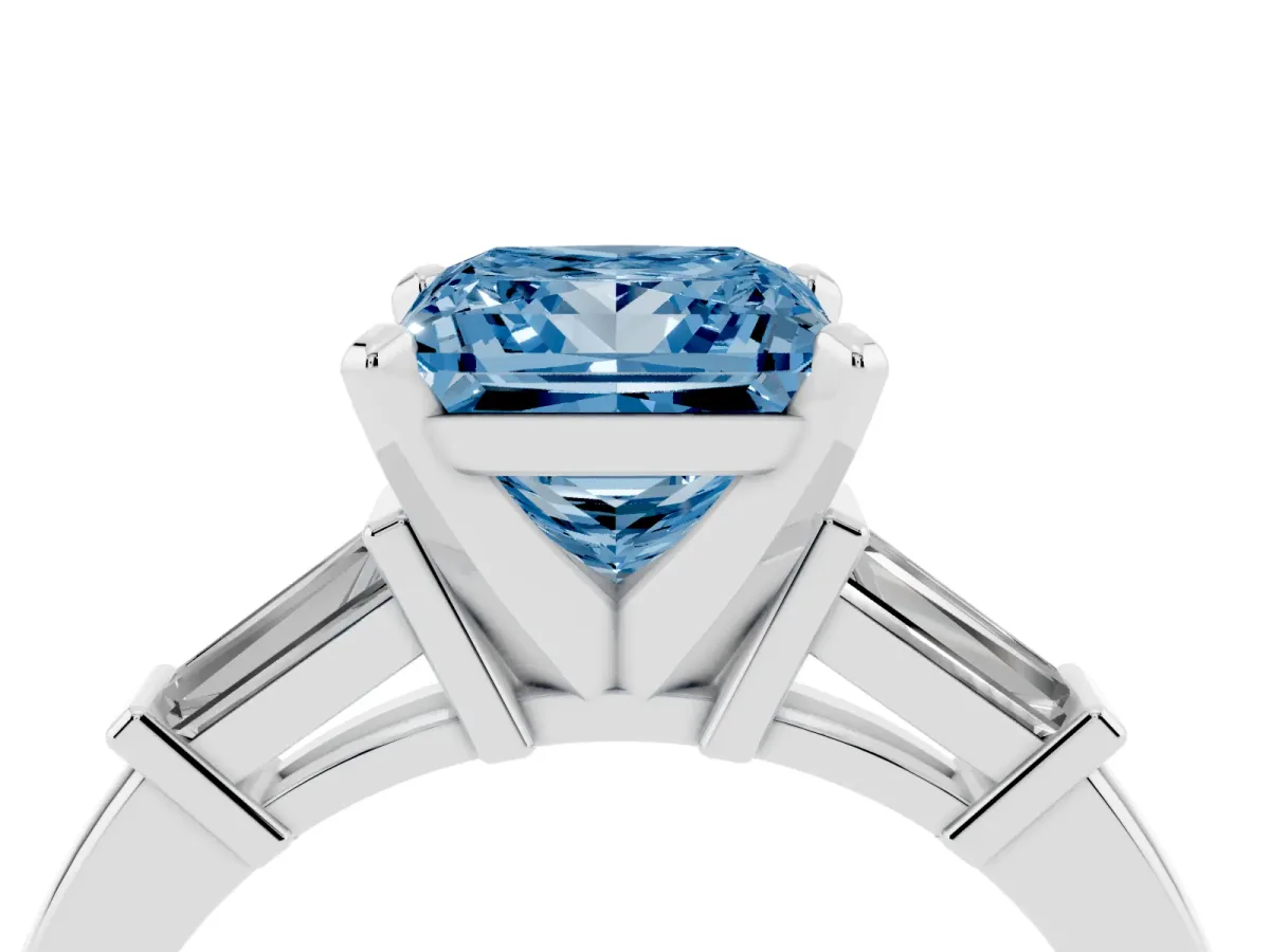 Fancy Blue Princess Cut Cut Diamond Solitaire Ring with Tapered Baguette Accents and Four-Prong Setting Platinum