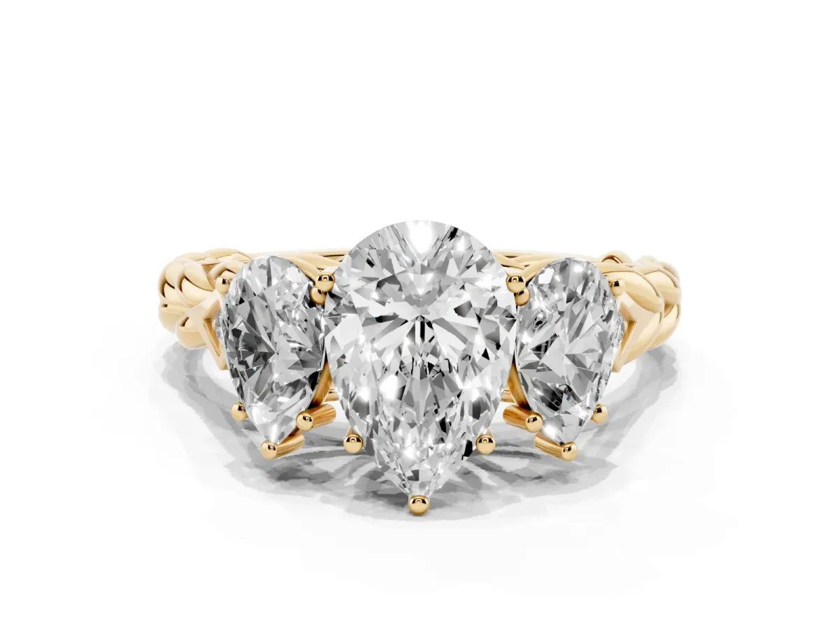 Three-Stone Pear Cut Diamond Braided Band Ring with Four-Prong Setting Yellow gold