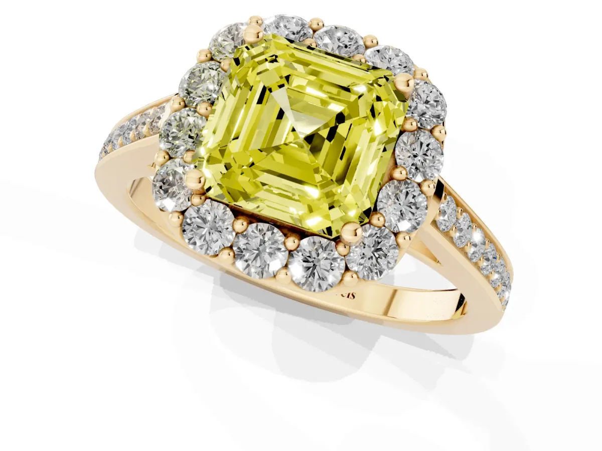Fancy Yellow Asscher Cut Diamond Floral Halo Ring with Pavé Band and Prong Setting Yellow gold