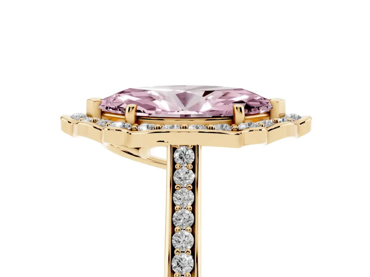 Fancy Pink Marquise Cut Halo Round Diamond Pave Band with Four-Prong Setting Yellow gold