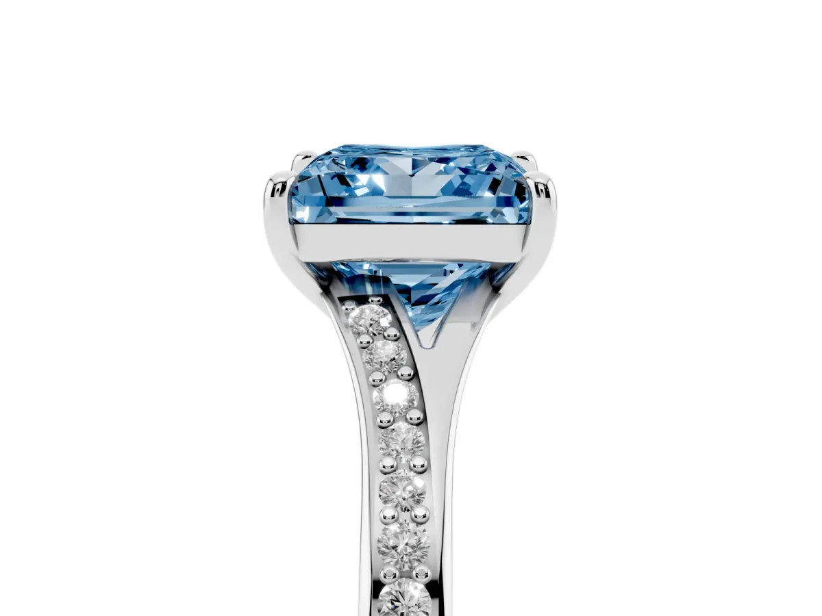 Fancy Blue Princess Cut Diamond Solitaire Ring with Pavé Band and Prong Setting Silver