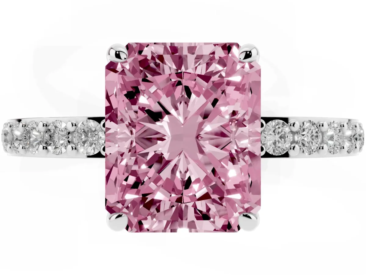 Fancy Pink Radiant Cut Diamond Pavé Engagement Ring with Round Accents and Prong Setting White gold