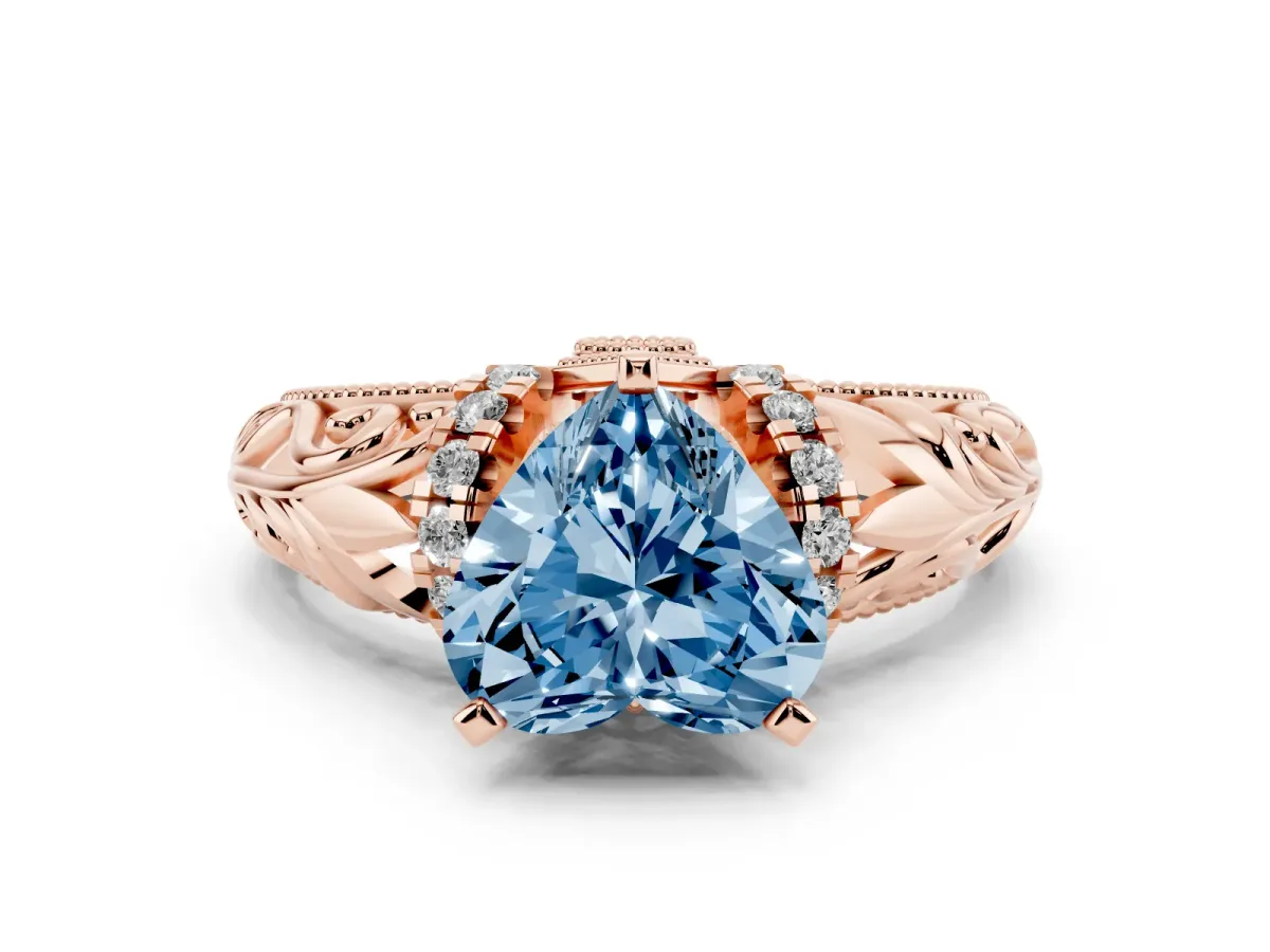 Fancy Blue Heart Cut Solitaire Filigree Engagement Ring with Halo and Prong Setting Rose gold