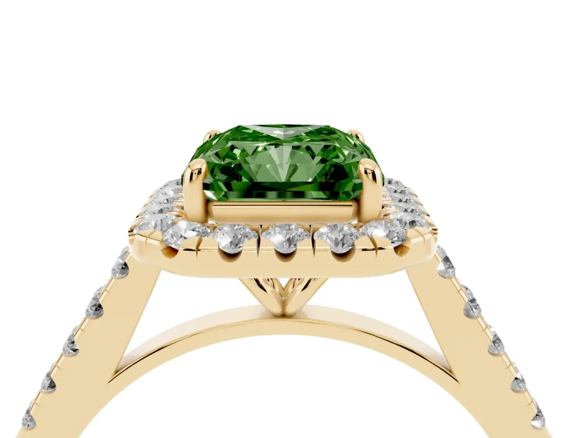 Fancy Green Radiant Cut Halo Pave Diamond Engagement Ring with Four-Prong Setting Yellow gold