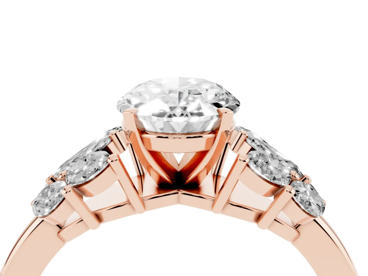 Oval Cut Diamond Cluster Leaf Design Ring with Prong Setting Rose gold
