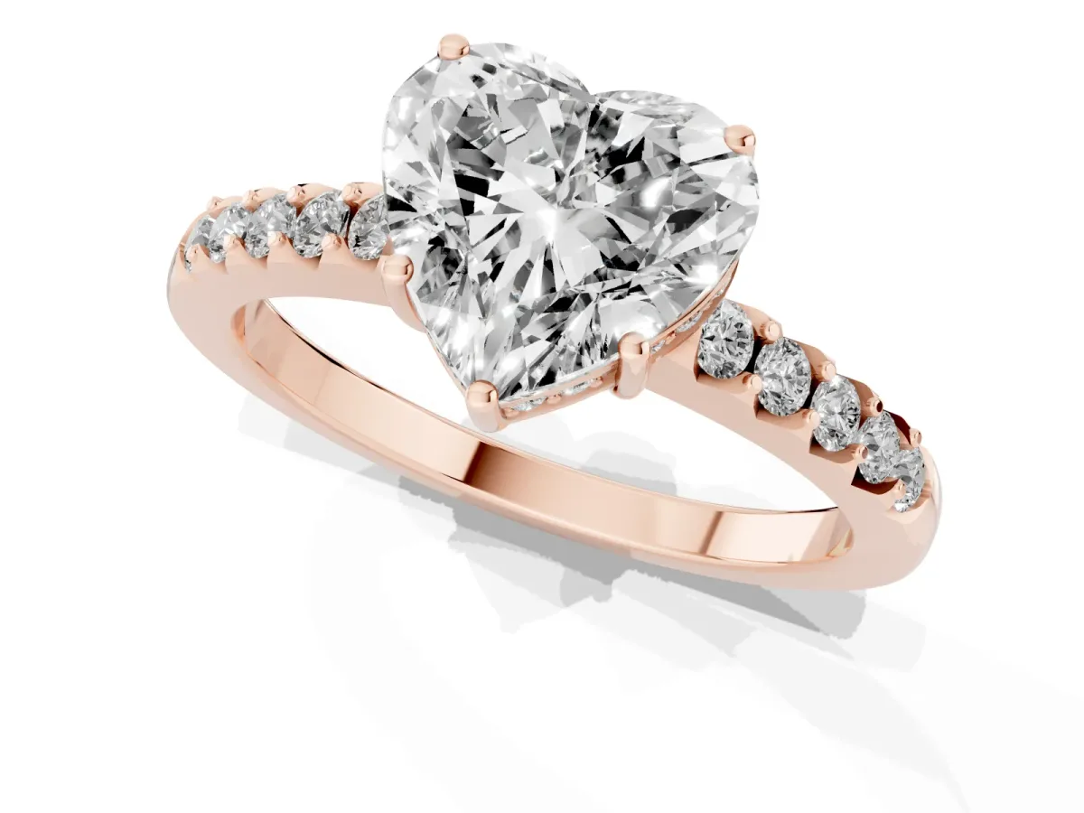 Heart Cut Solitaire Diamond Engagement Ring with Pavé Band and Six-Prong Setting Rose gold