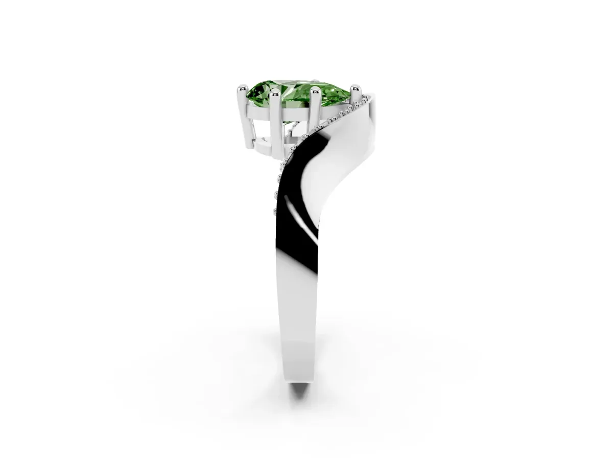Fancy Green Pear Cut Solitaire Diamond Engagement Ring with Pave Band and Four-Prong Setting White gold
