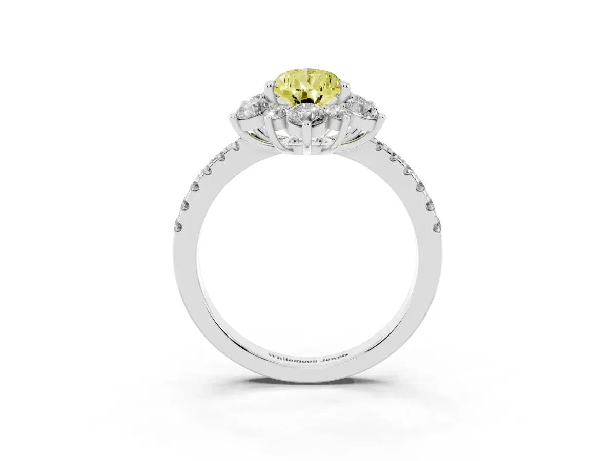 Fancy Yellow Pear Cut Diamond Floral Halo Ring with Round Pavé Band and Prong Setting Silver