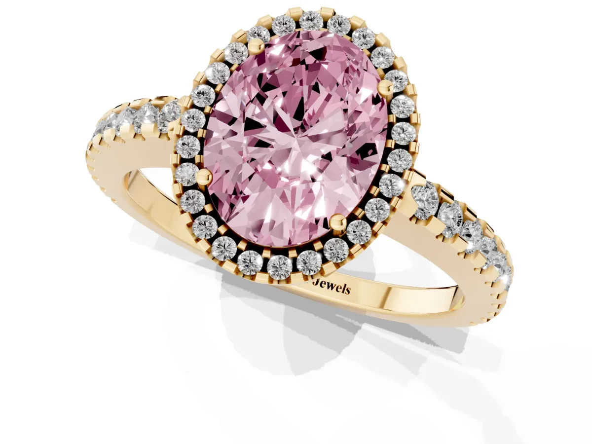 Fancy Pink Oval Cut Diamond Halo Engagement Ring with Pavé Band and Prong Setting Yellow gold