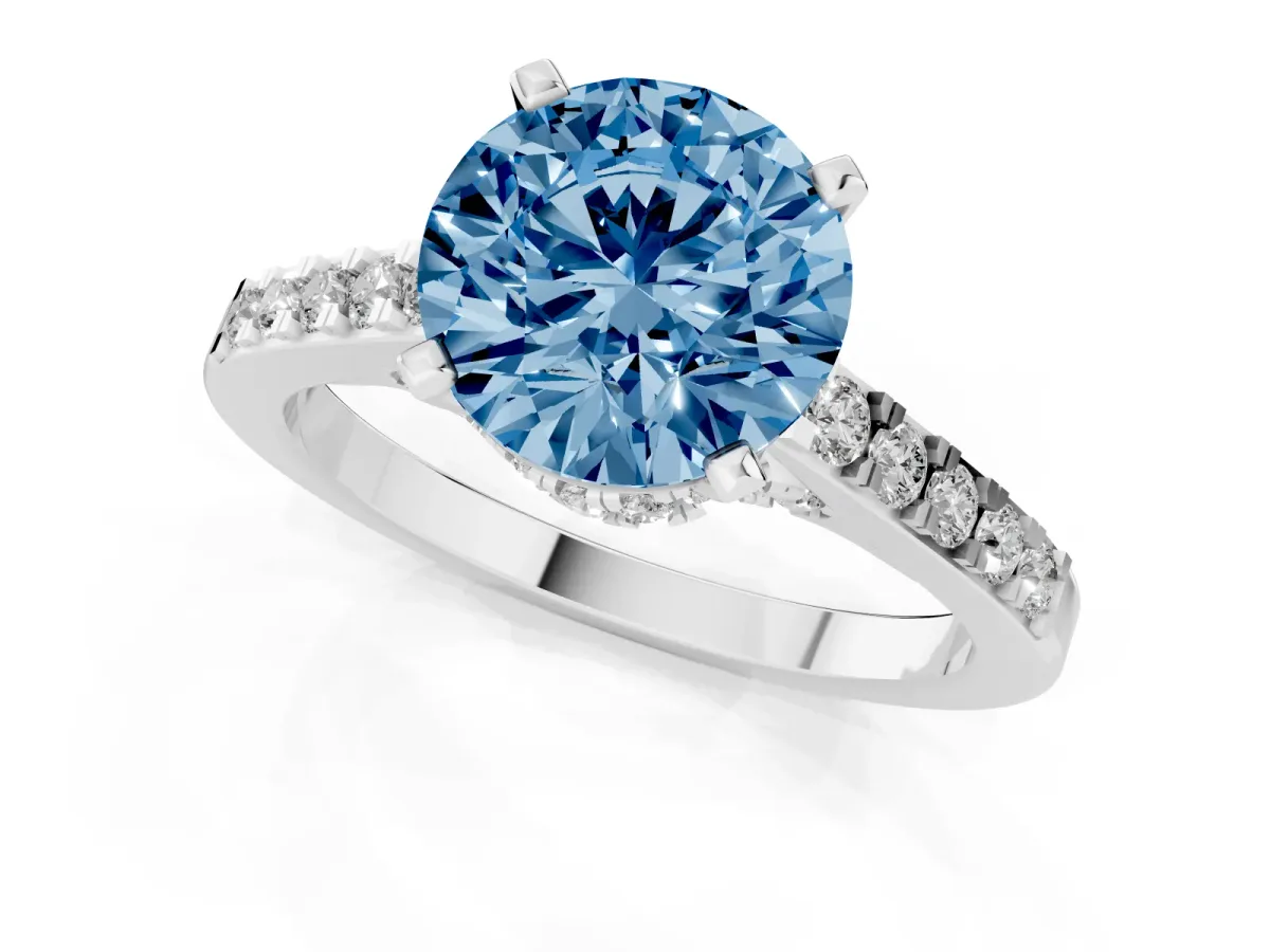 Fancy Blue Round Cut Diamond Solitaire Ring with Crossover Gallery and Round Pavé Band Silver