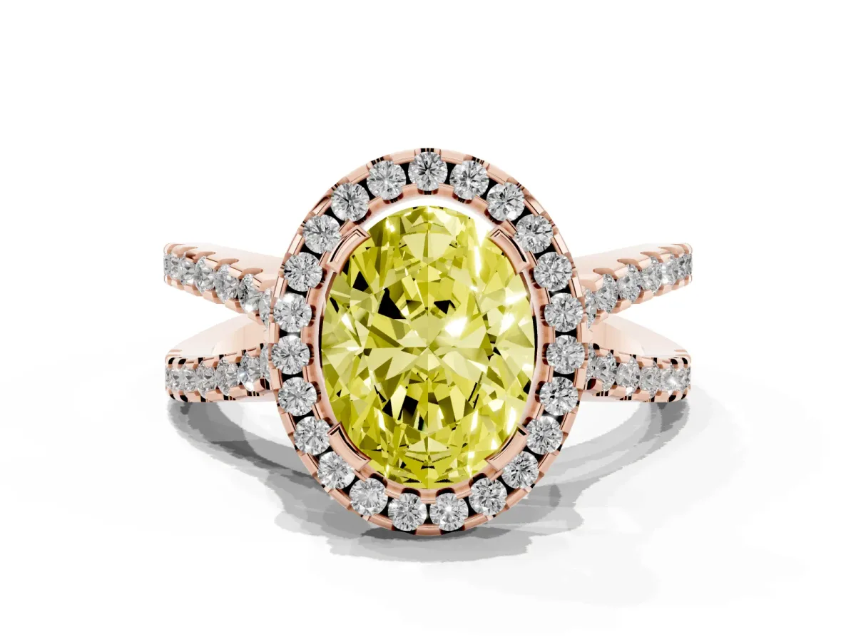 Fancy Yellow Oval Cut Diamond Halo Ring with Split Shank Pavé Band and Prong Setting Rose gold