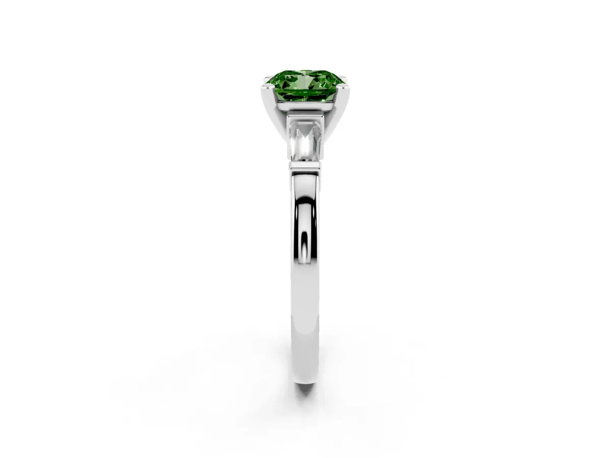 Fancy Green Cushion Cut Cut Diamond Solitaire Ring with Tapered Baguette Accents and Four-Prong Setting Silver