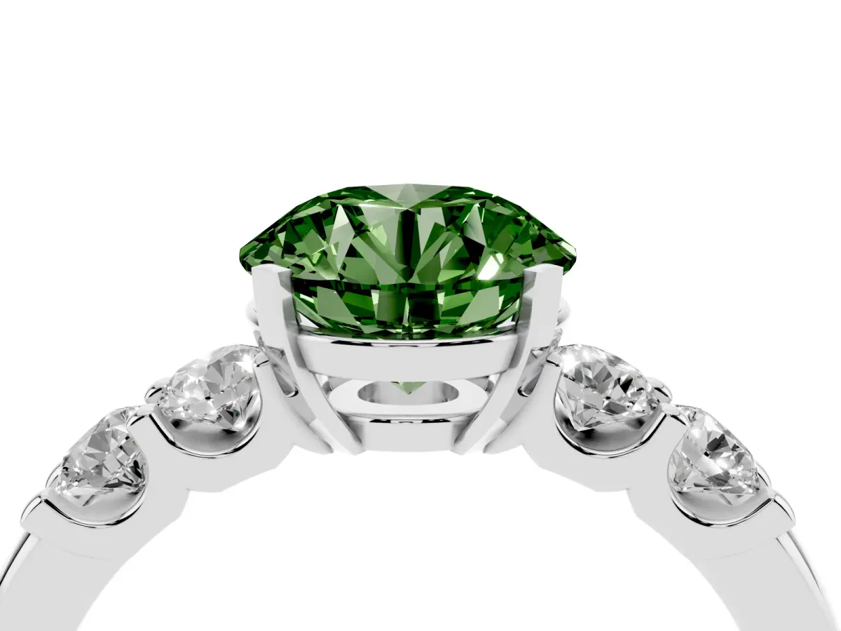 Fancy Green Round Cut Brilliant Cut Diamond Five-Stone Prong Set Engagement Ring with Channel Band Silver