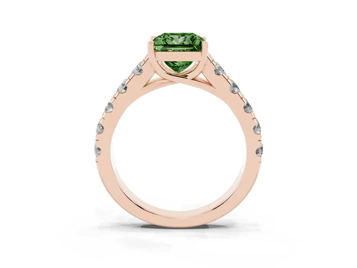 Fancy Green Princess Cut Cut Diamond Solitaire Ring with Micro Pave Band and Prong Setting Rose gold