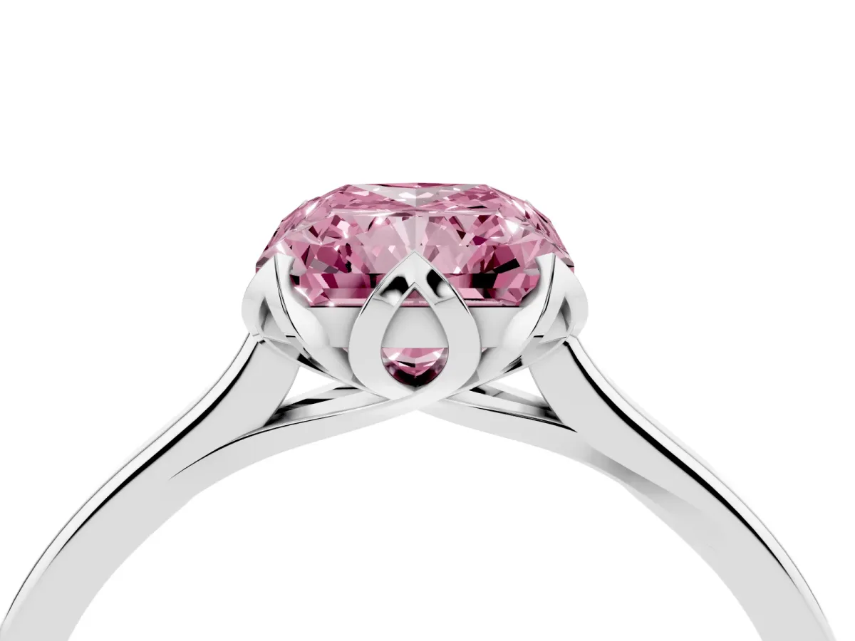 Fancy Pink Radiant Cut Diamond Solitaire Ring with Flower Prong Setting and Classic Band Platinum