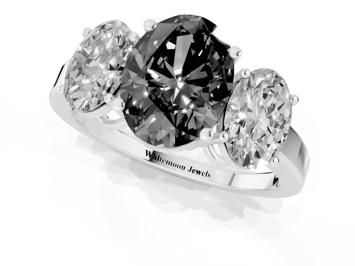 Fancy Black Three-Stone Oval Cut Cut Diamond Engagement Ring with Flat Band and Four-Prong Setting Silver