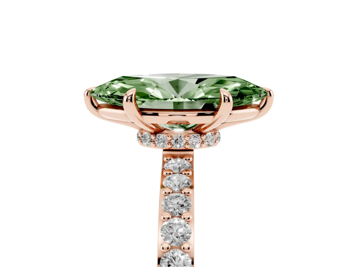 Fancy Green Marquise Cut Diamond Pavé Engagement Ring with Round Accents and Prong Setting Rose gold