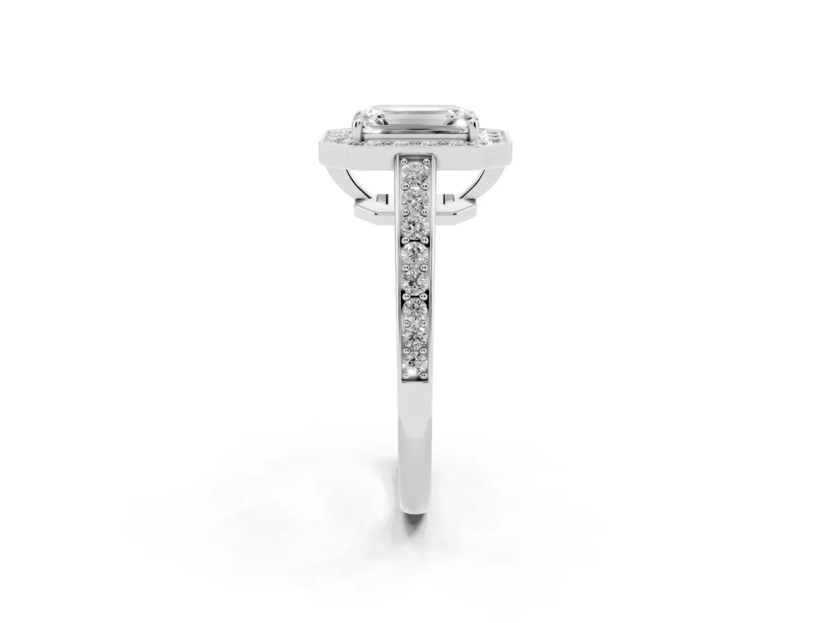 Emerald Cut Halo Pavé Diamond Engagement Ring with Bezel Setting Silver