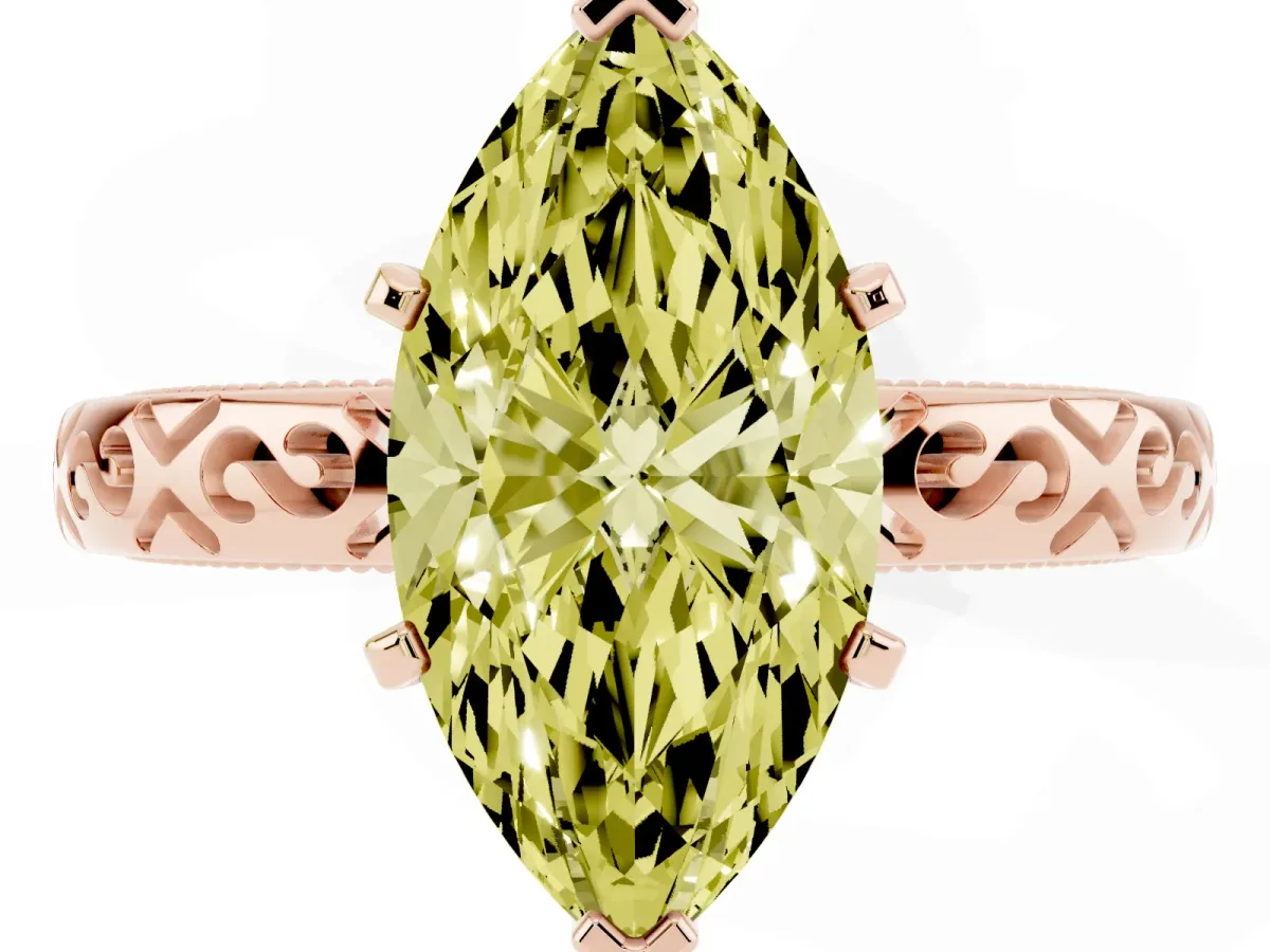 Fancy Yellow Marquise Cut Solitaire Engagement Ring with Scrollwork Band and Four-Prong Setting Rose gold