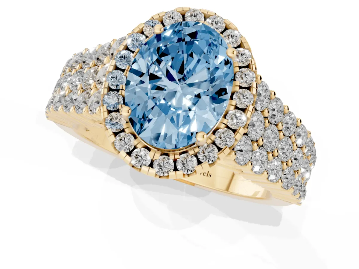 Fancy Blue Oval Cut Diamond Halo Engagement Ring with Triple Row Round Pavé Band and Prong Setting Yellow gold
