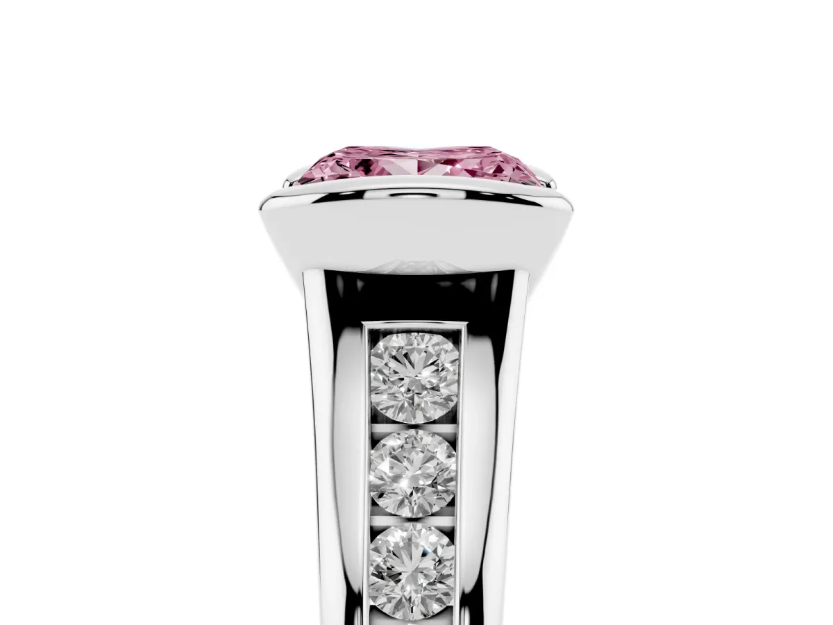 Fancy Pink Princess Cut Solitaire Bezel-Set Diamond Ring with Channel-Set Band Silver