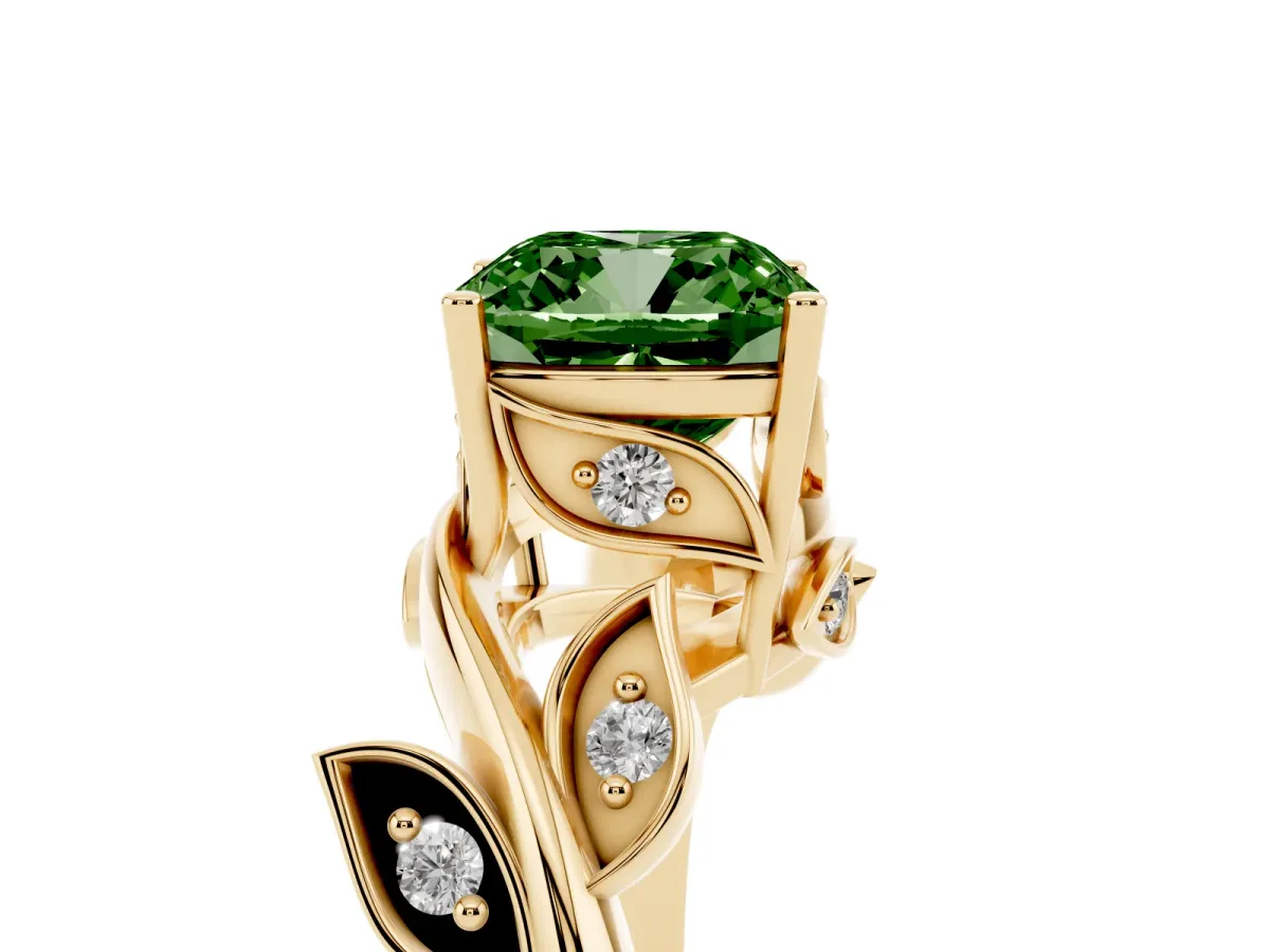 Fancy Green Cushion Cut Solitaire Twist Engagement Ring with Leaf Accents and Prong Setting Yellow gold