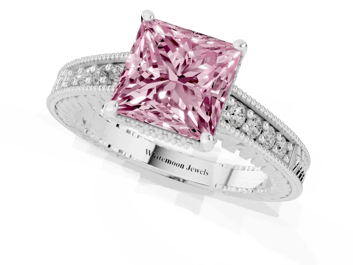 Fancy Pink Princess Cut Solitaire Pavé Diamond Milgrain Engagement Ring with Four-Prong Setting Silver