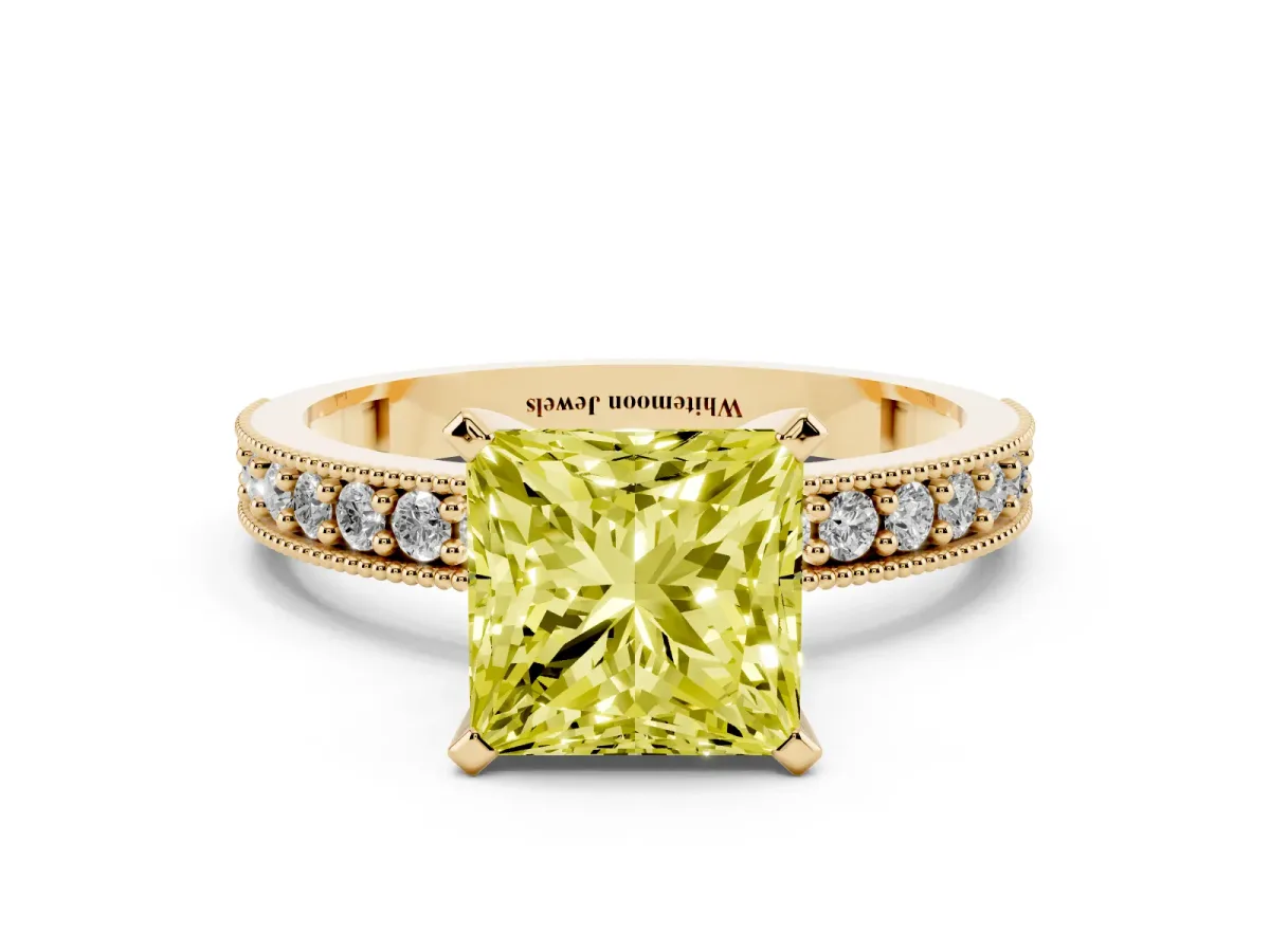 Fancy Yellow Princess Cut Diamond Milgrain Pavé Engagement Ring with Four-Prong Setting Yellow gold