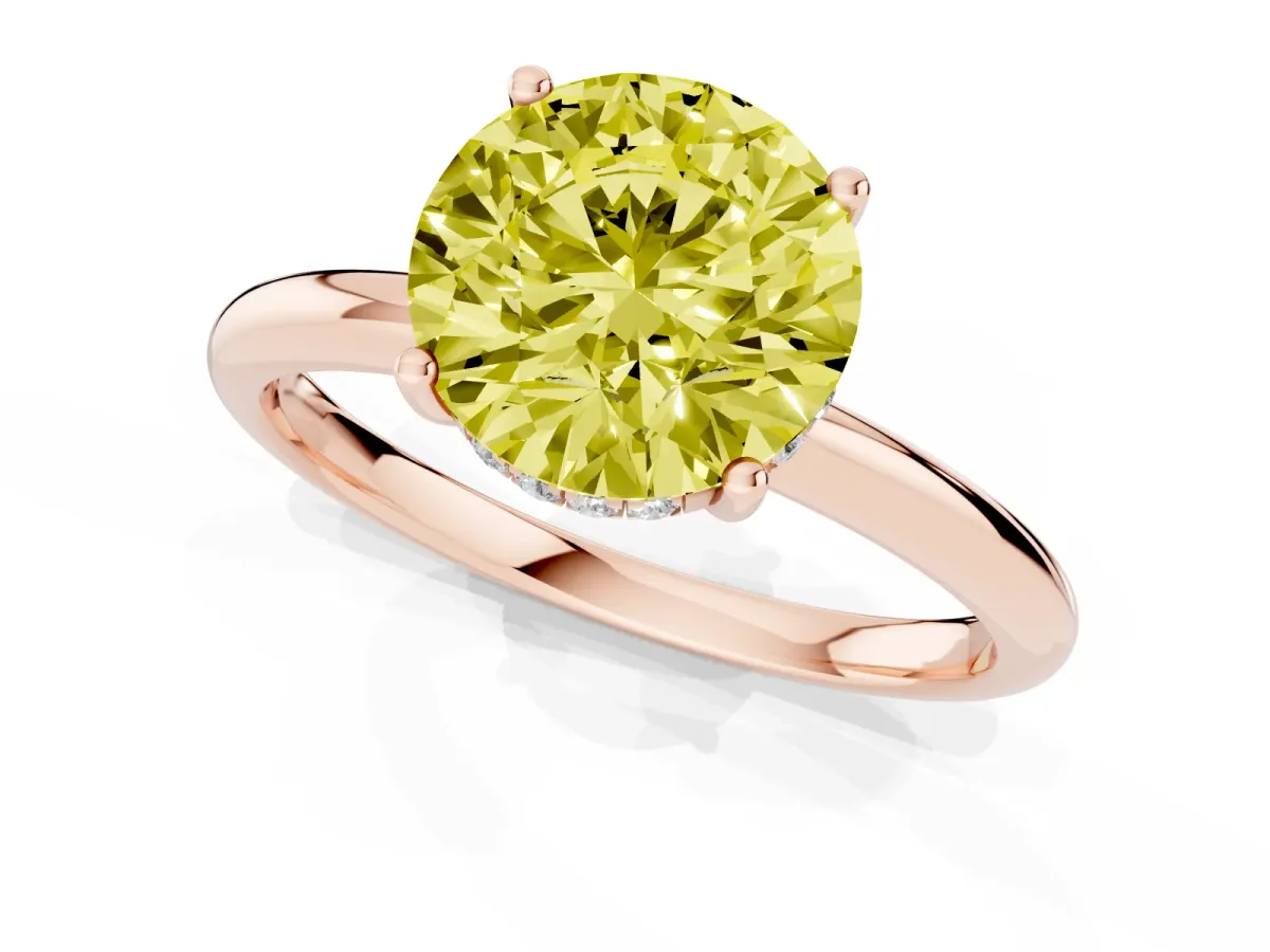 Fancy Yellow Round Cut Cut Solitaire Engagement Ring with Four-Prong Setting and Classic Band Rose gold
