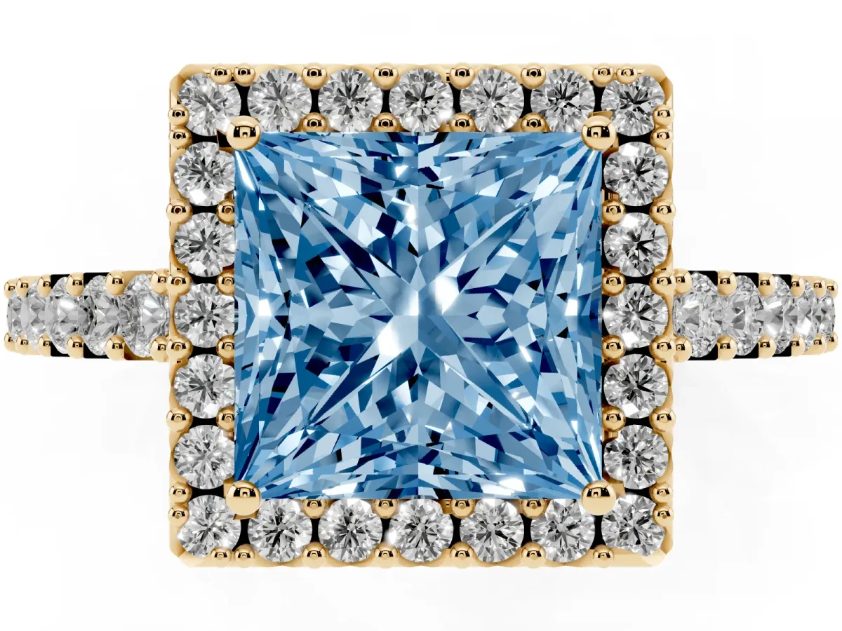 Fancy Blue Princess Cut Halo Diamond Pavé Solitaire Ring Yellow gold
