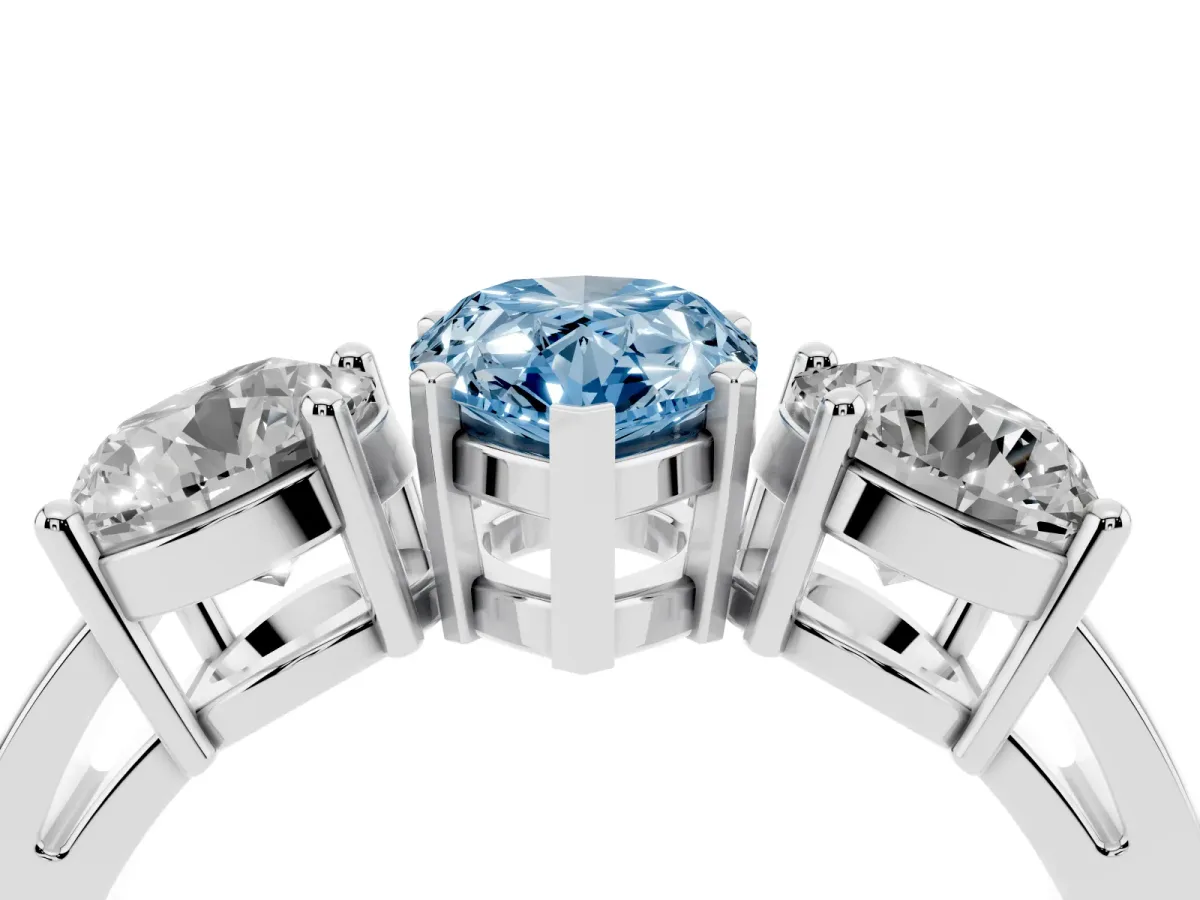 Fancy Blue Three-Stone Pear Cut Diamond Ring with Round Side Stones, Classic Band, and Four-Prong Setting White gold