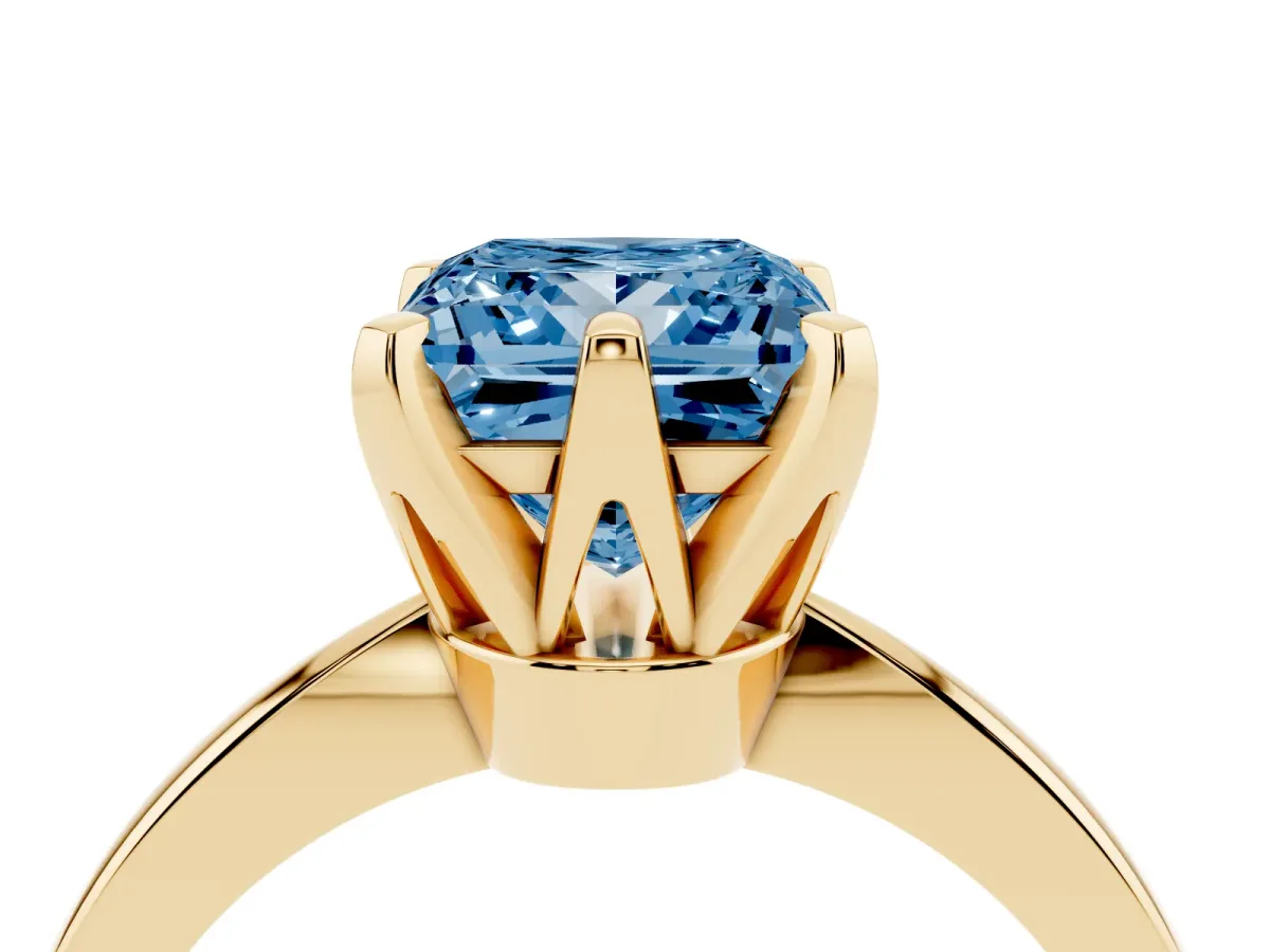 Fancy Blue Princess Cut Solitaire Engagement Ring with Six-Prong Setting and Tapered Band Yellow gold
