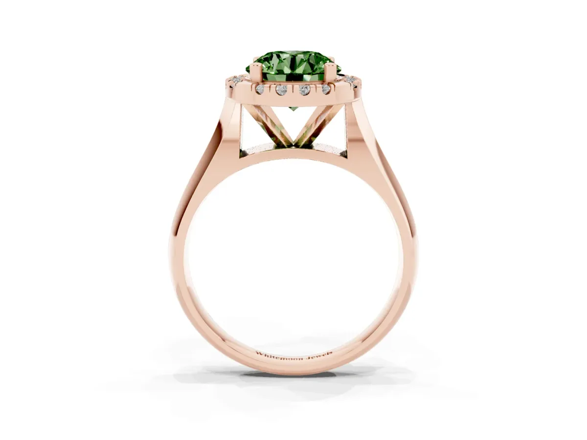 Fancy Green Round Cut Cut Halo Solitaire Engagement Ring with Square Band and Four-Prong Setting Rose gold
