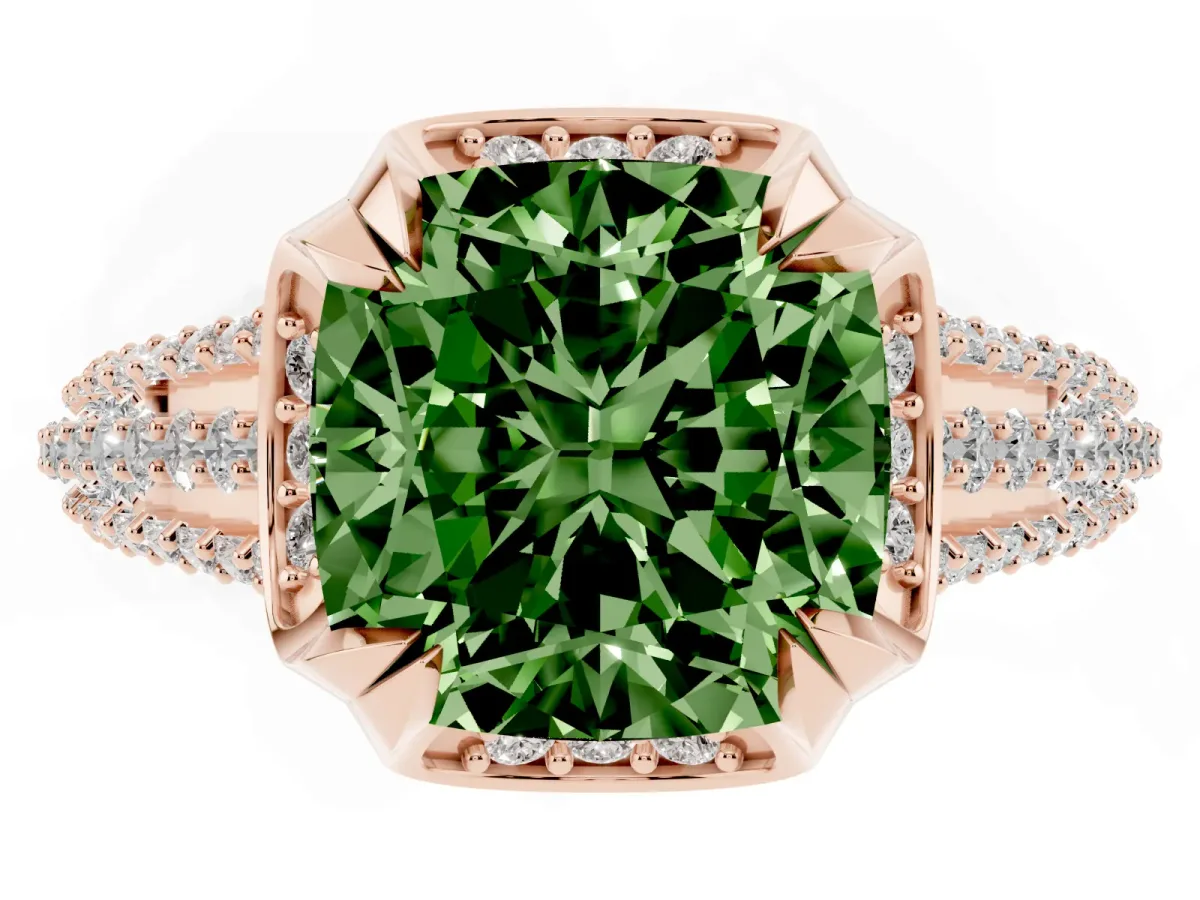 Fancy Green Cushion Cut Solitaire Pave Split Shank Ring with Four-Prong Setting Rose gold