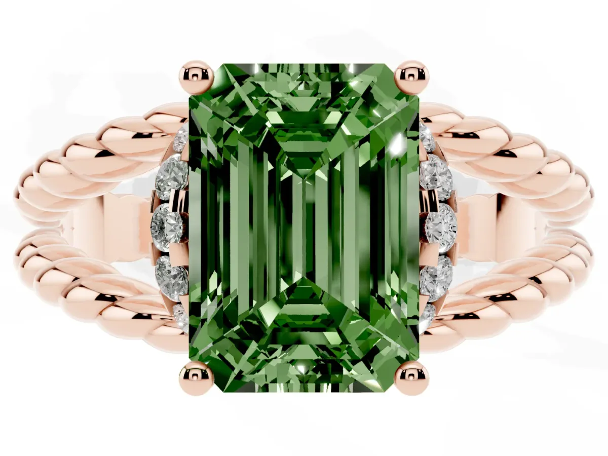 Fancy Green Emerald Cut Halo Twisted Band Four-Prong Ring Rose gold