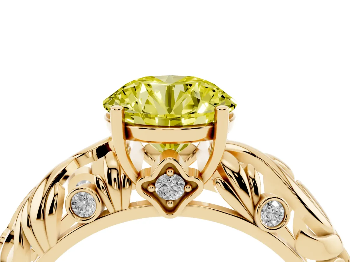 Fancy Yellow Round Cut Solitaire Diamond Leaf-Inspired Vine Band Ring with Prong Setting Yellow gold